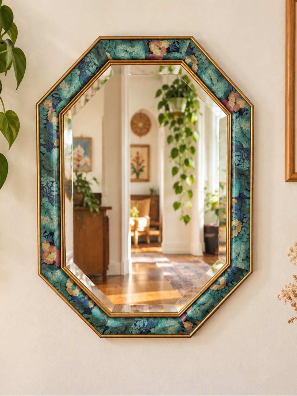 Vintage 80s Octagon Floral Framed Wall Mirror Green/Gold Wood 34x24” granny core